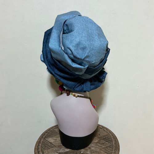 ヘアターバン 帽子　やどかりシルエットフリル帽子　ショートタイプ デニムカラー デニムカラー ツートン やどかりシルエットフリル帽子 ハット