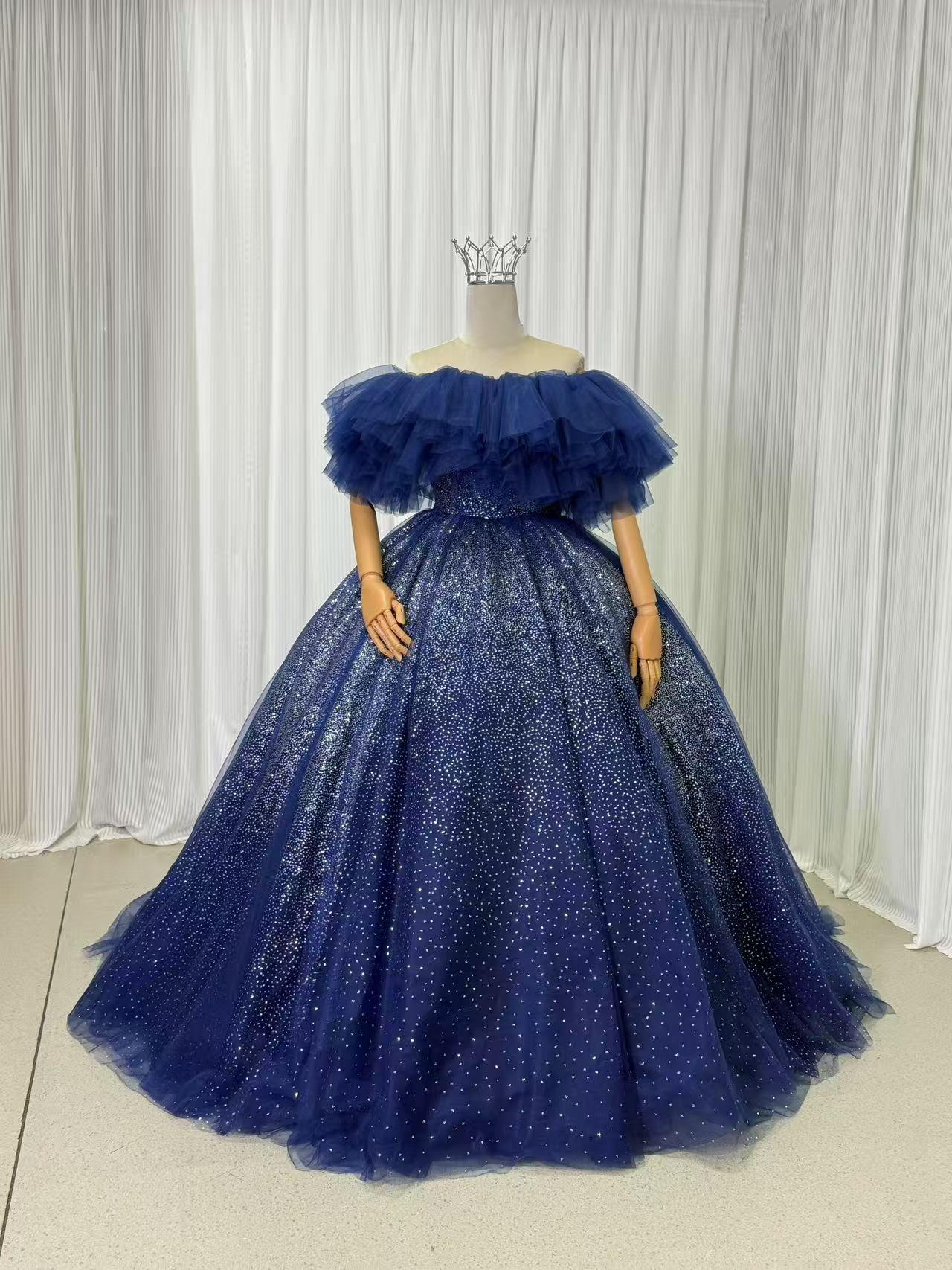 送料無料！カラードレス 取り外しオフショルダー ネイビー グラデーションドレス キラキラチュール 大人っぽい クラシカル