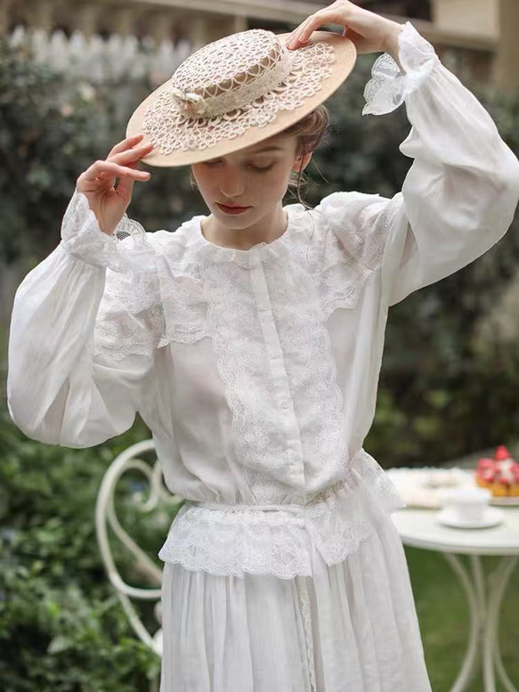 森ガール レースブラウス レース切替 長袖ブラウス ブラウス