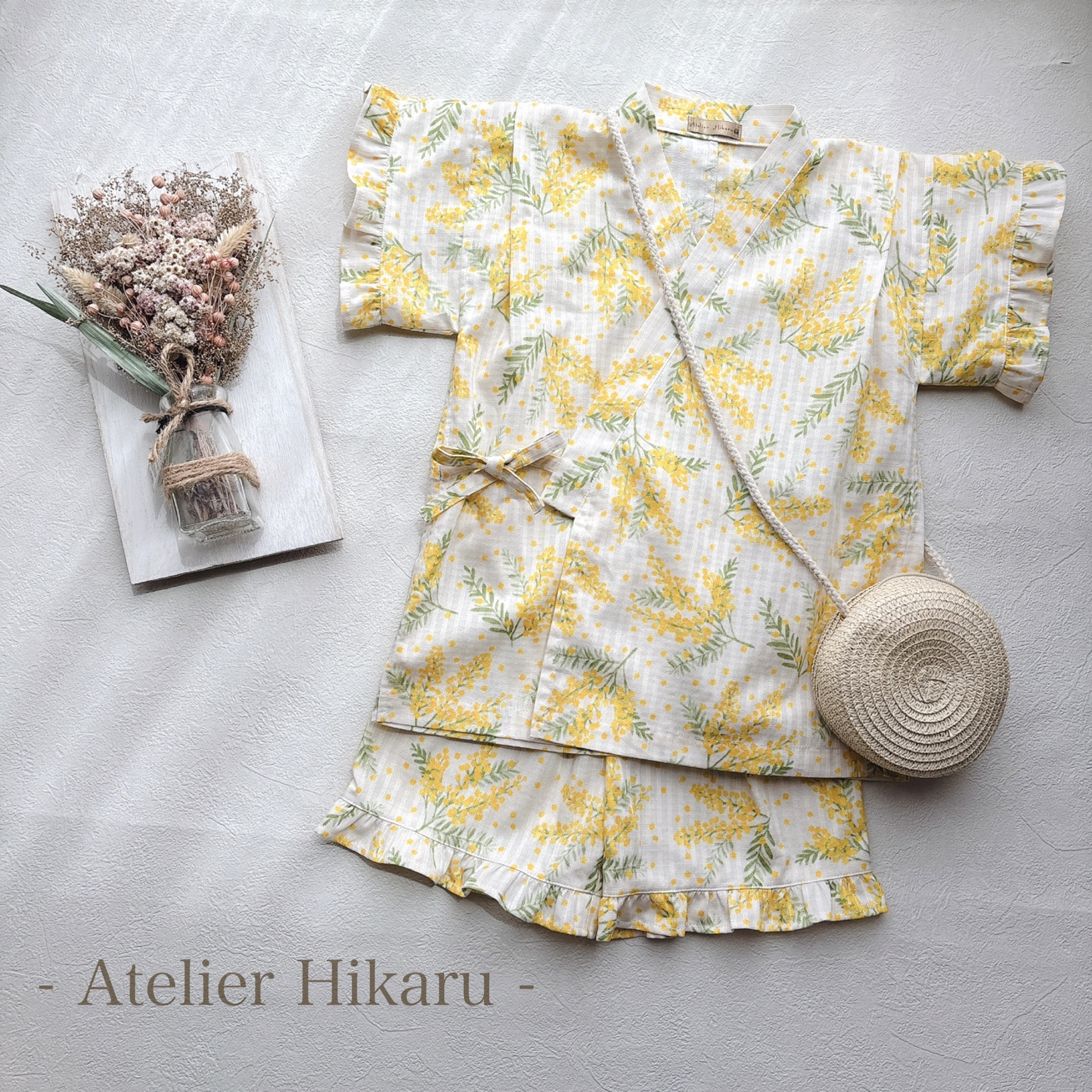 甚平　子供甚平　夏服　夏甚平　浴衣　子供浴衣　女の子　花柄甚平　夏祭り　花柄　子供服　ハンドメイド　100cm　ミモザ