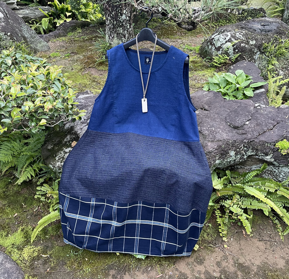 着物リメイク】コクーン型のジャンパースカート/古布木綿/藍染め