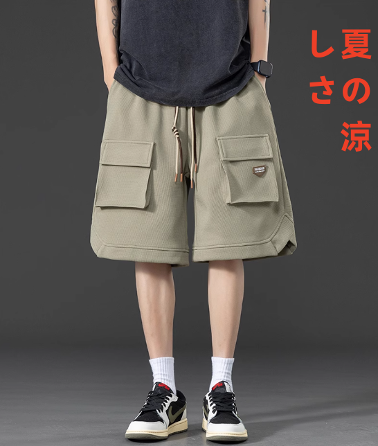 男性用オーバーサイズのワークパンツ夏用薄手のゆったりしたスポーツパンツカジュアル百合アイス5分中ズボン