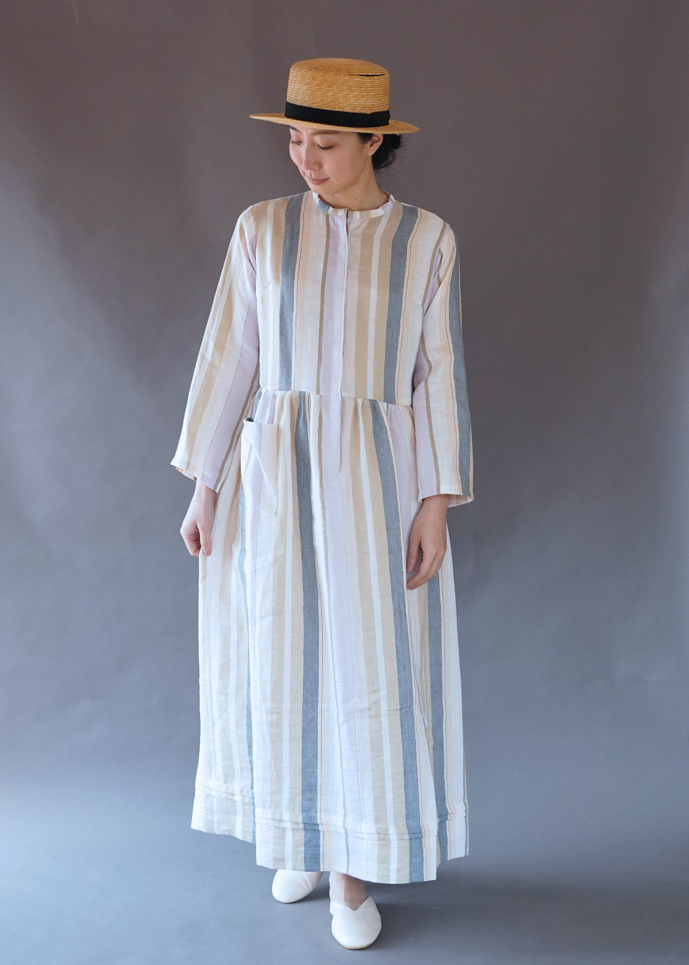 【受注制作】トラディショナルアーミッシュドレス◇リネンストライプ（ナイロン混）