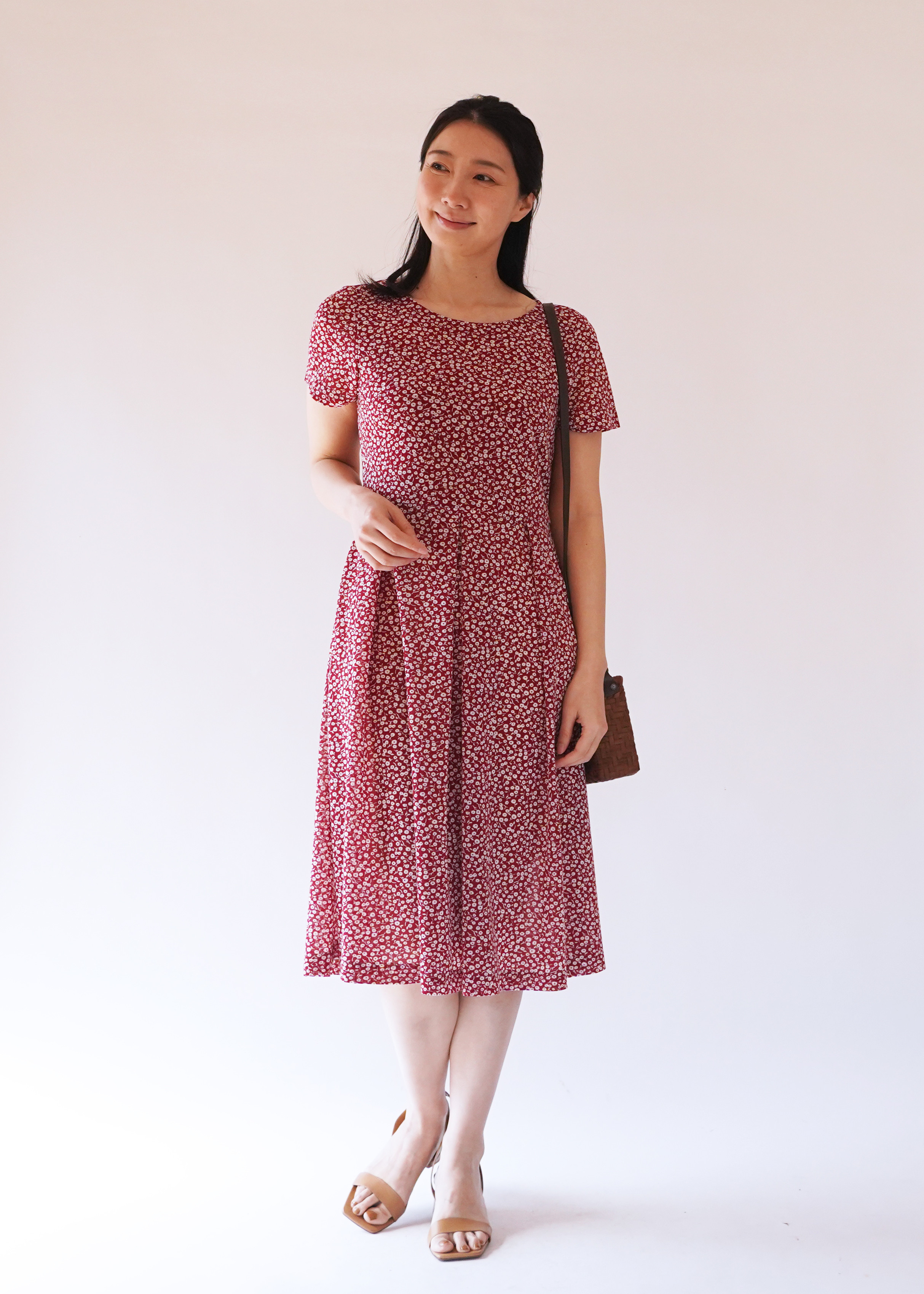 【受注制作】アーミッシュ風シンプルワンピース◇小花柄レッド（エスパンディ）*薄手生地*