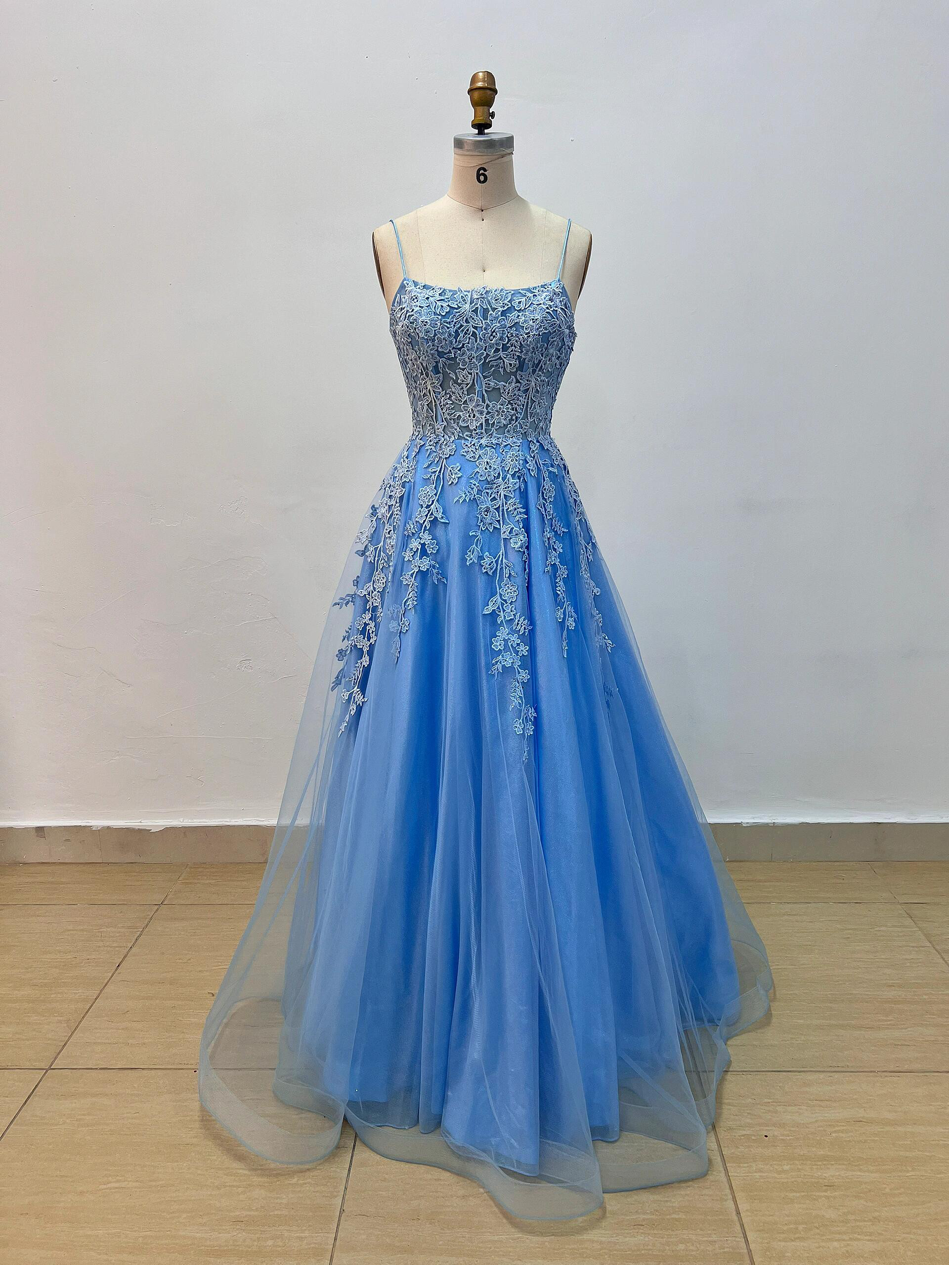 上品ワンピース　編み上げ　ブルー　水色　フラワー刺繍リーフ　背中空き　コンテスト卒業式音楽会成人式パーティードレス演奏会