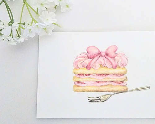 色鉛筆画 原画 1点物 リボン ケーキ イラスト ハガキサイズ イラスト