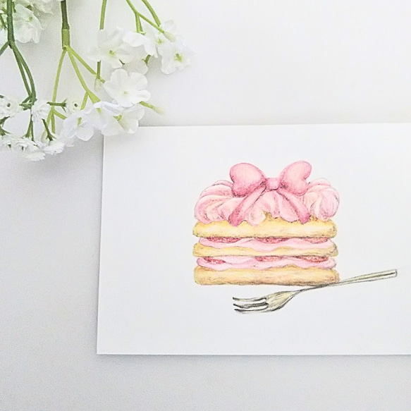 色鉛筆画 原画 1点物 リボン ケーキ イラスト ハガキサイズ イラスト