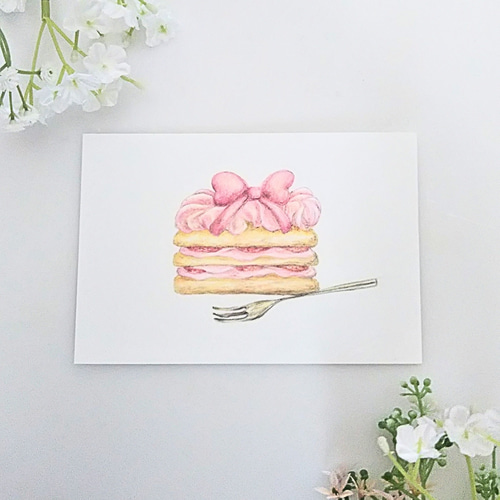 色鉛筆画 原画 1点物 リボン ケーキ イラスト ハガキサイズ イラスト