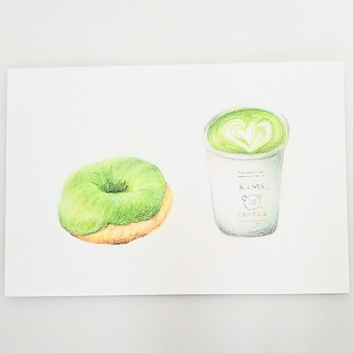 色鉛筆画 原画 1点物 抹茶 ドーナツ ラテ イラスト ハガキサイズ