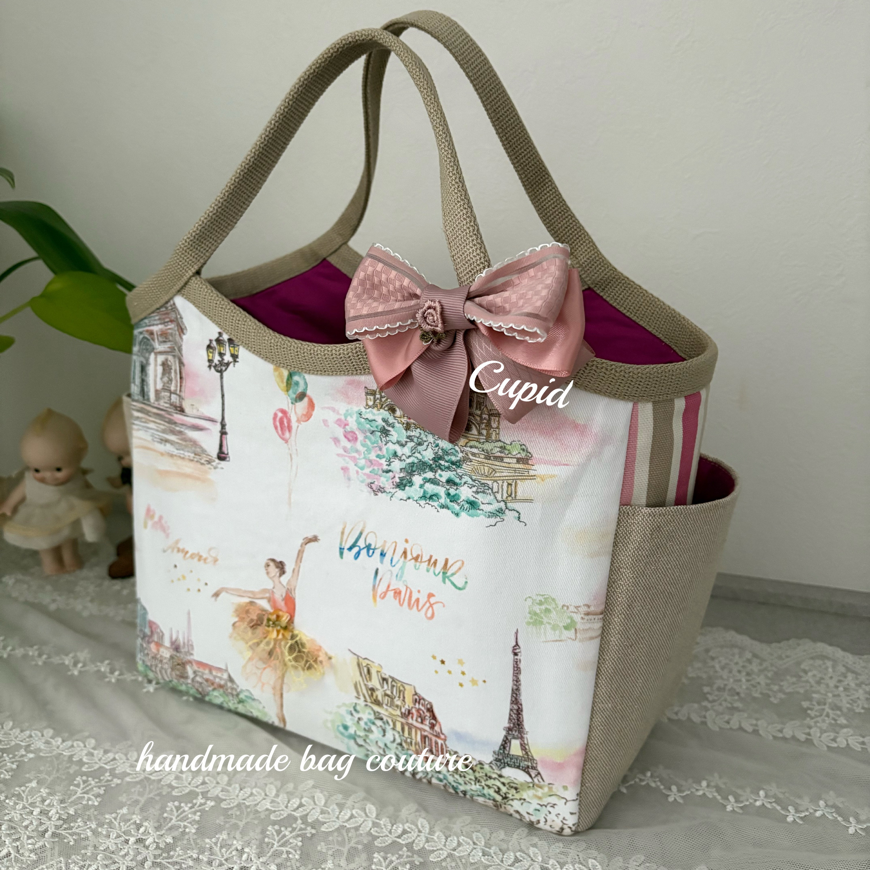 フランス生地バレリーナ・パリの街並み柄を使ったデコレーショングラニーバッグ（中サイズ・1点物）リボンはオプションです。