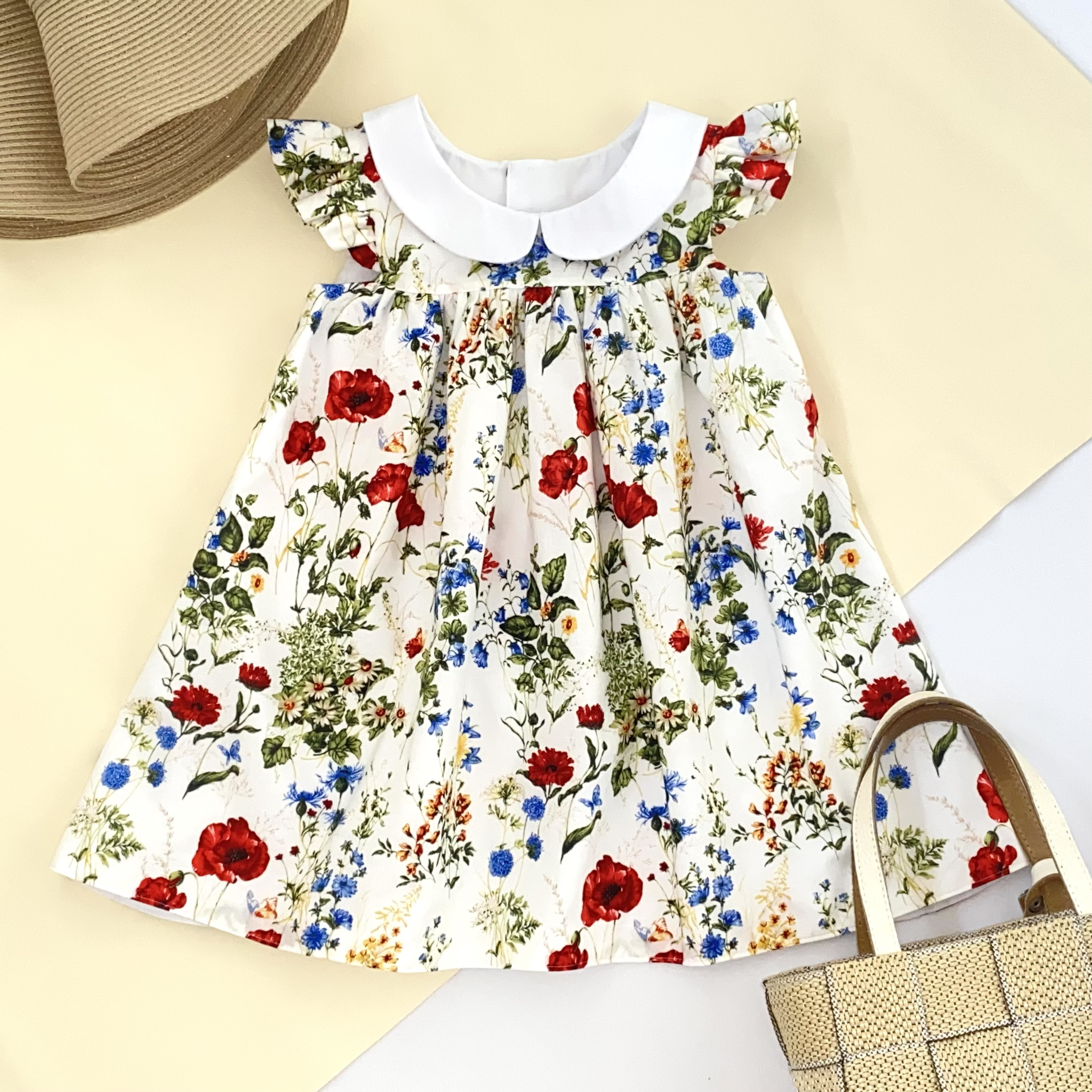 【一点物4Yサイズ】ボタニカル柄ワンピース　限定品　フリル　カラフル　ノースリーブ　綿　花　白襟　総裏地　100 105