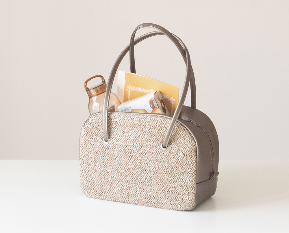 春夏かごバッグ｜ボウリングバッグ｜ヴィンテージ風編みｘPUレザー【シャイニーブラウンｘナチュレ】ロングハンドル｜肩掛け