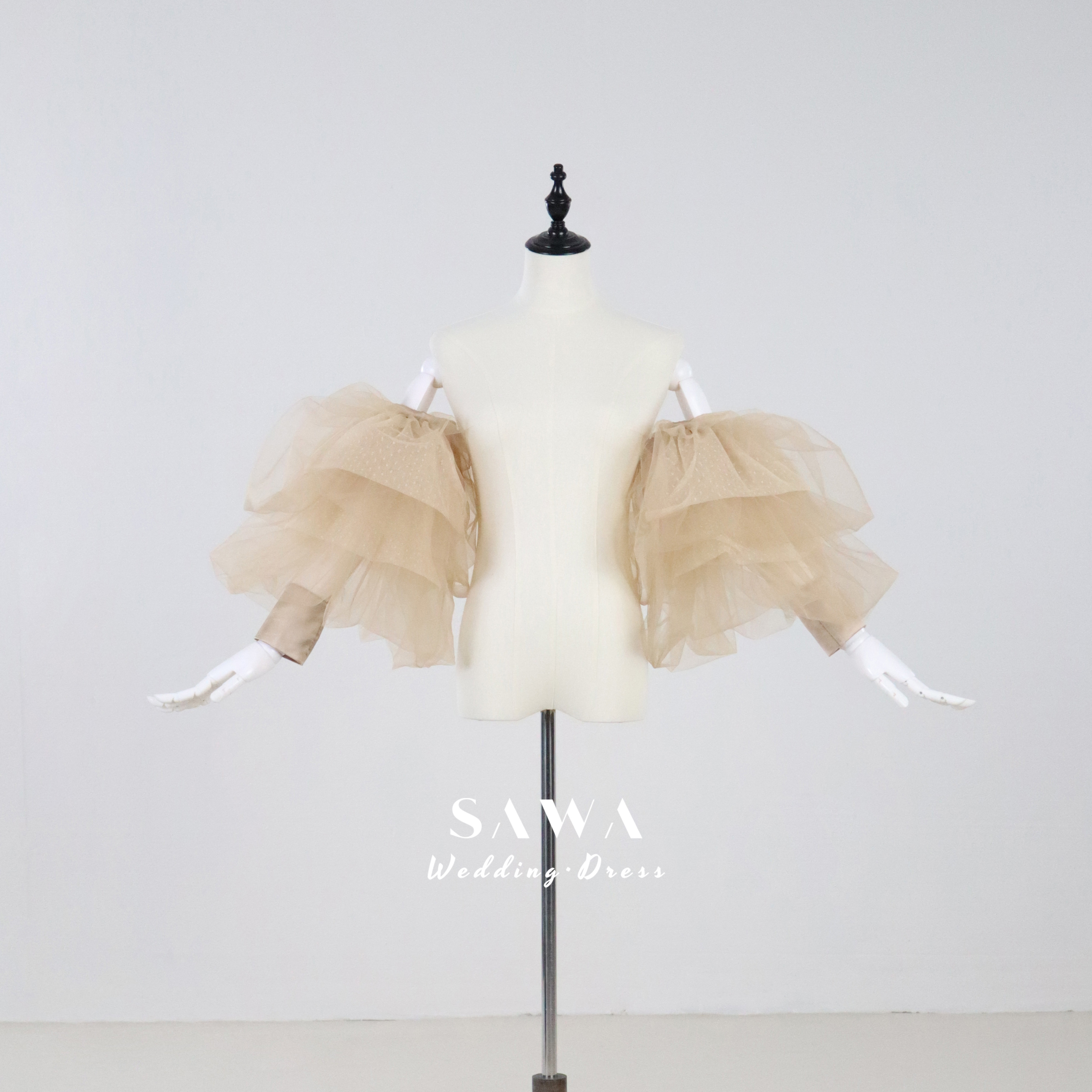 送料無料　ボリューム　パフスリーブ　取り外し可能お袖　水玉　二層チュール　コヒー色　可愛い　サイズオーダー可能結婚式小物