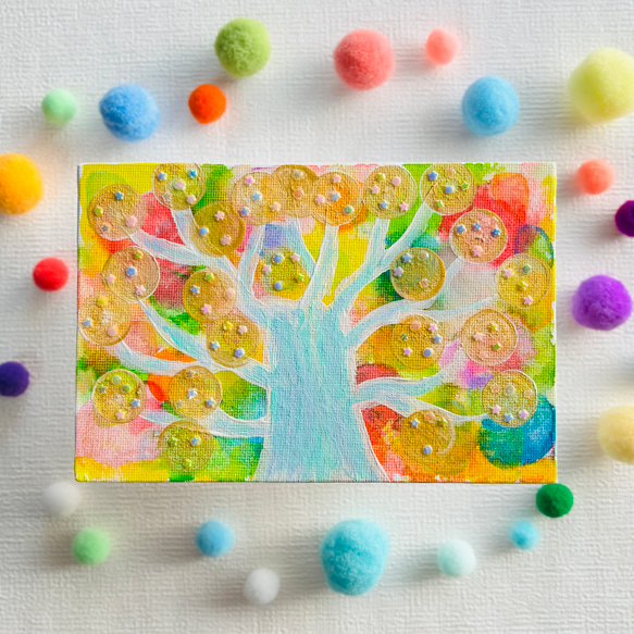 ハガキサイズ】お金の成る木 キャンバスアート カラフル アクリル