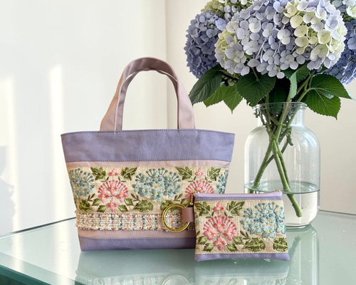 紫陽花/インド刺繍×帆布◇トートバッグ＆ポーチセット トートバッグ