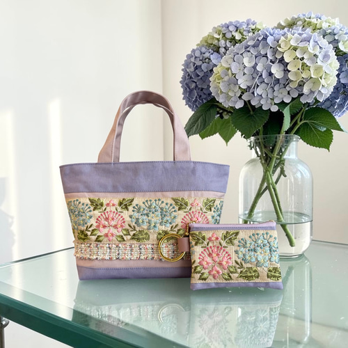 紫陽花/インド刺繍×帆布◇トートバッグ＆ポーチセット トートバッグ
