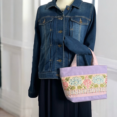 紫陽花/インド刺繍×帆布◇トートバッグ＆ポーチセット トートバッグ