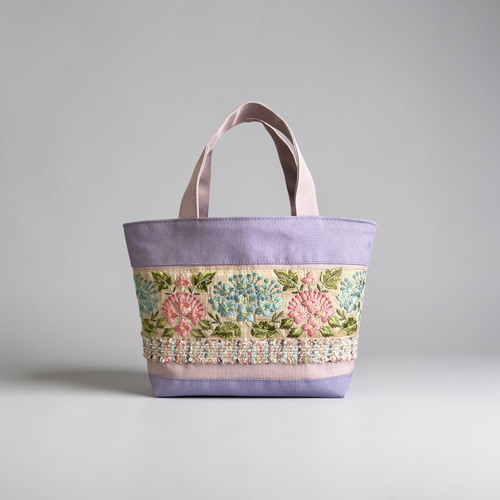紫陽花/インド刺繍×帆布◇トートバッグ＆ポーチセット トートバッグ