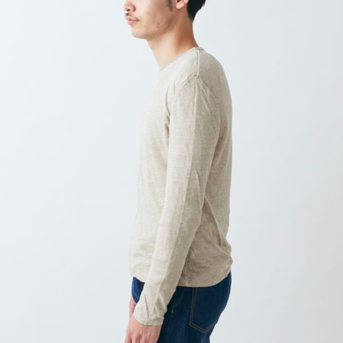 リネンニット メンズ 長袖プルオーバー（チャコール）｜2サイズ ニット