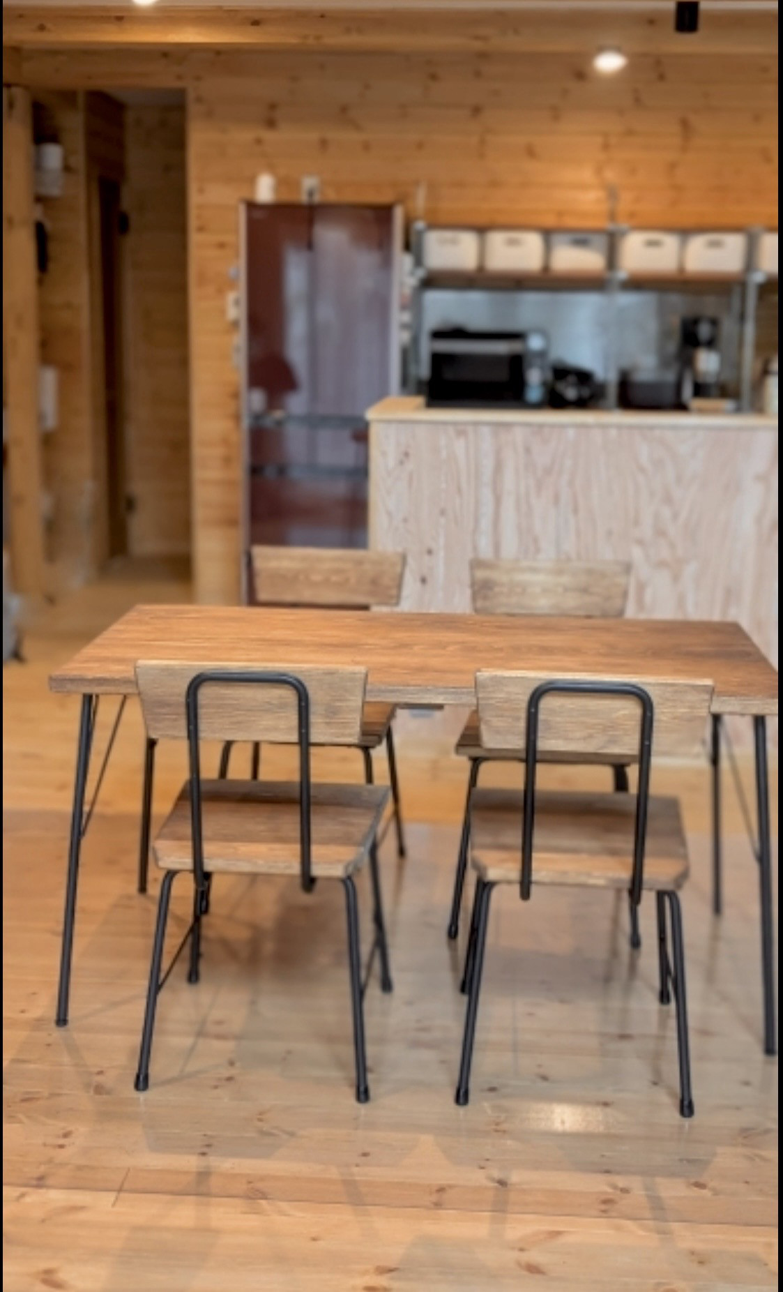 ヒノキ【サイズ約W1500×D700】ダイニングテーブルセット　(ヒノキテーブル＋ヒノキ椅子4脚)鉄脚アイアン