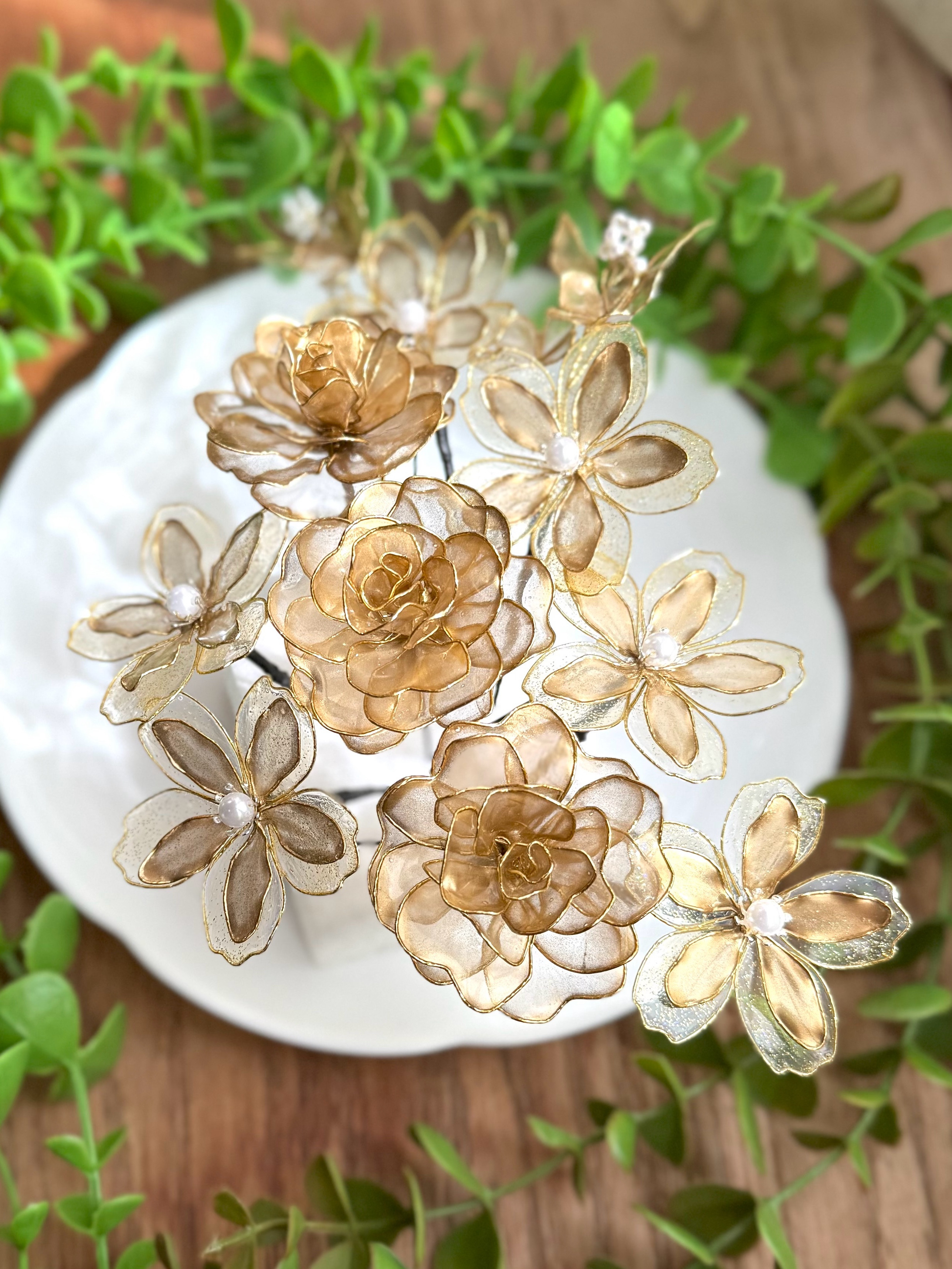 薔薇と花々の髪飾り《ゴールド》9本セット   ＊アメリカンフラワー ＊ディップフラワー ＊ヘッドドレス