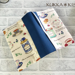 【S】文庫、A6、文庫トールブックカバー　紅茶の時間 (生成り、ブルー/綿麻) 2枚目の画像