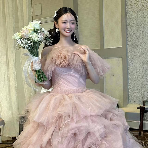 実例写真！カラードレス もも色 3ways 取り外しオフショルダー