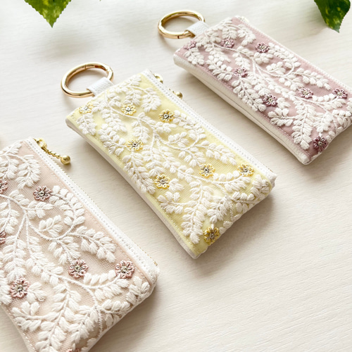 ギフトにも＊インド刺繍リボンのミニポーチ＊キーリング付き ポーチ