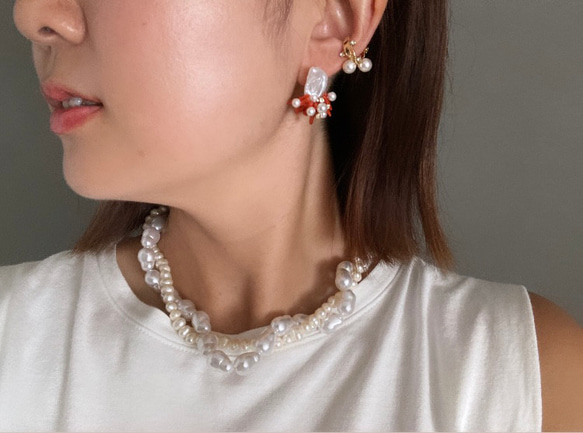 【サンゴ/パール/リゾート/イヤリング/お出かけ/海】sango pearl ( red ) 2枚目の画像