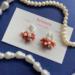 【サンゴ/パール/リゾート/イヤリング/お出かけ/海】sango pearl ( red ) 4枚目の画像