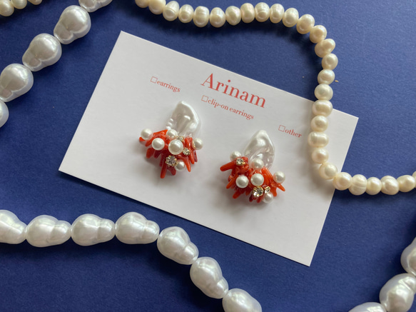 【サンゴ/パール/リゾート/イヤリング/お出かけ/海】sango pearl ( red ) 4枚目の画像