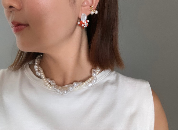 【サンゴ/パール/リゾート/イヤリング/お出かけ/海】sango pearl ( red ) 3枚目の画像