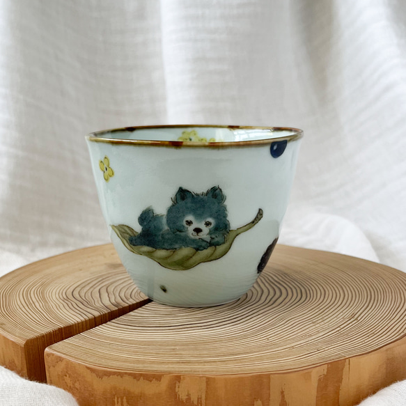 チコロット❤️すべて手描き❤️染付け❤️青リンゴ❤️猫❤️カップ❤️コーヒーカップ❤️お湯呑み❤️小鉢❤️ポメラニアン 1枚目の画像