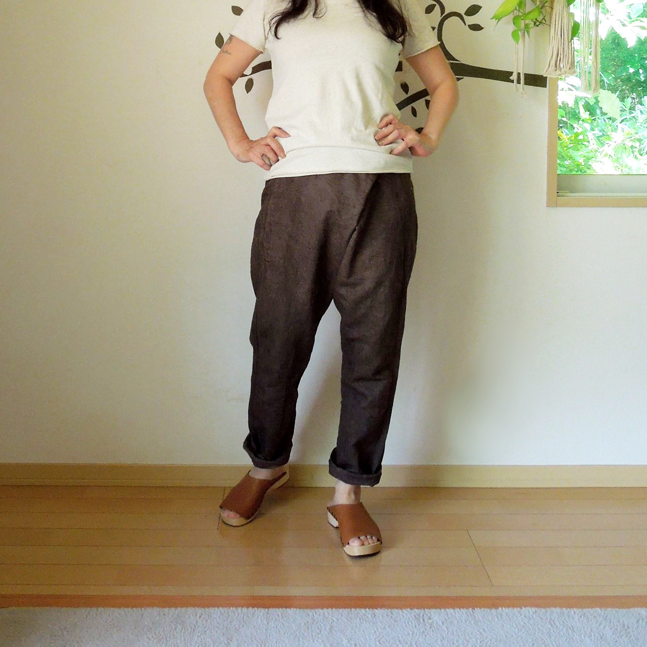 asana HEMP100% デニム風 まつり タイパンツ●きなり