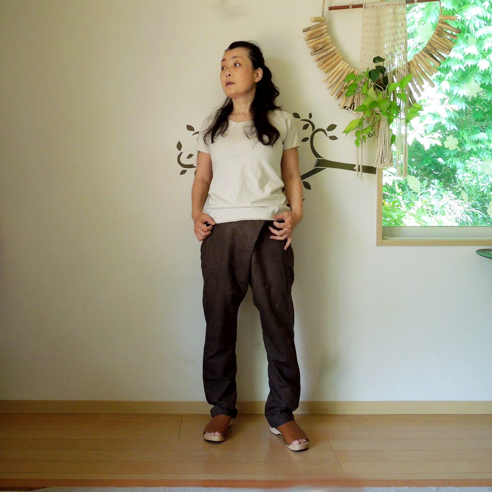 asana HEMP100% デニム風 まつり タイパンツ●きなり