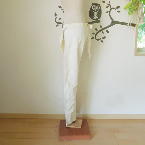 asana HEMP100% デニム風 まつり タイパンツ○草木染めカーキ