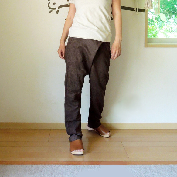 最終決算 HEMP100% asana デニム風 タイパンツ○草木染め麻墨 まつり パンツ