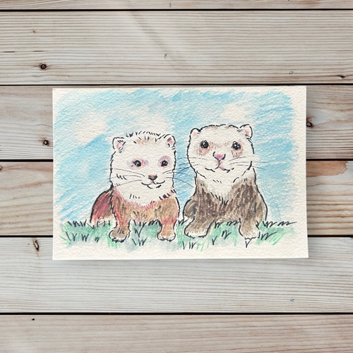 優しい水彩画タッチのうちの子似顔絵 ハガキサイズイラスト 犬