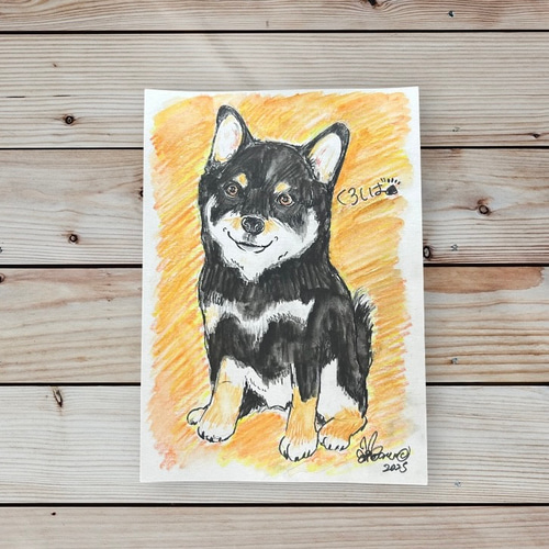 優しい水彩画タッチのうちの子似顔絵 ハガキサイズイラスト 犬