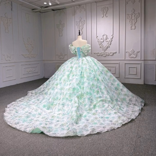 花柄 ミントグリーン オフショルダー プリンセスライン