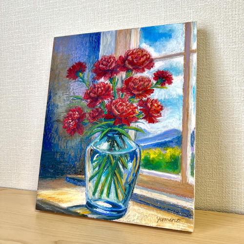 絵画 。壁掛け絵☆【そよ風が吹いてきて、窓の前の花がきれいでグラスがきれいだ】 絵画 。壁掛け絵☆【そよ風が吹いてきて、窓の前の花がきれいで
