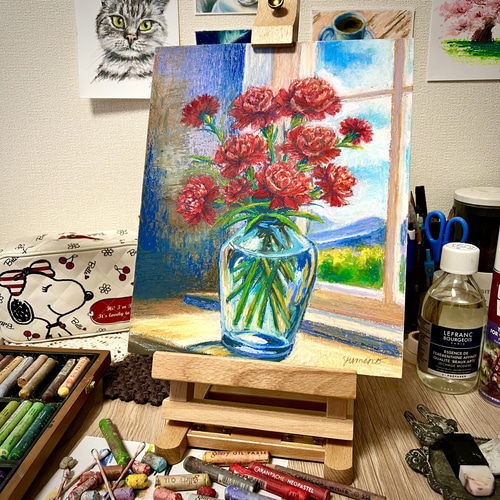 原画】窓辺に咲くカーネーション 風景画 静物画 花の絵 壁掛け
