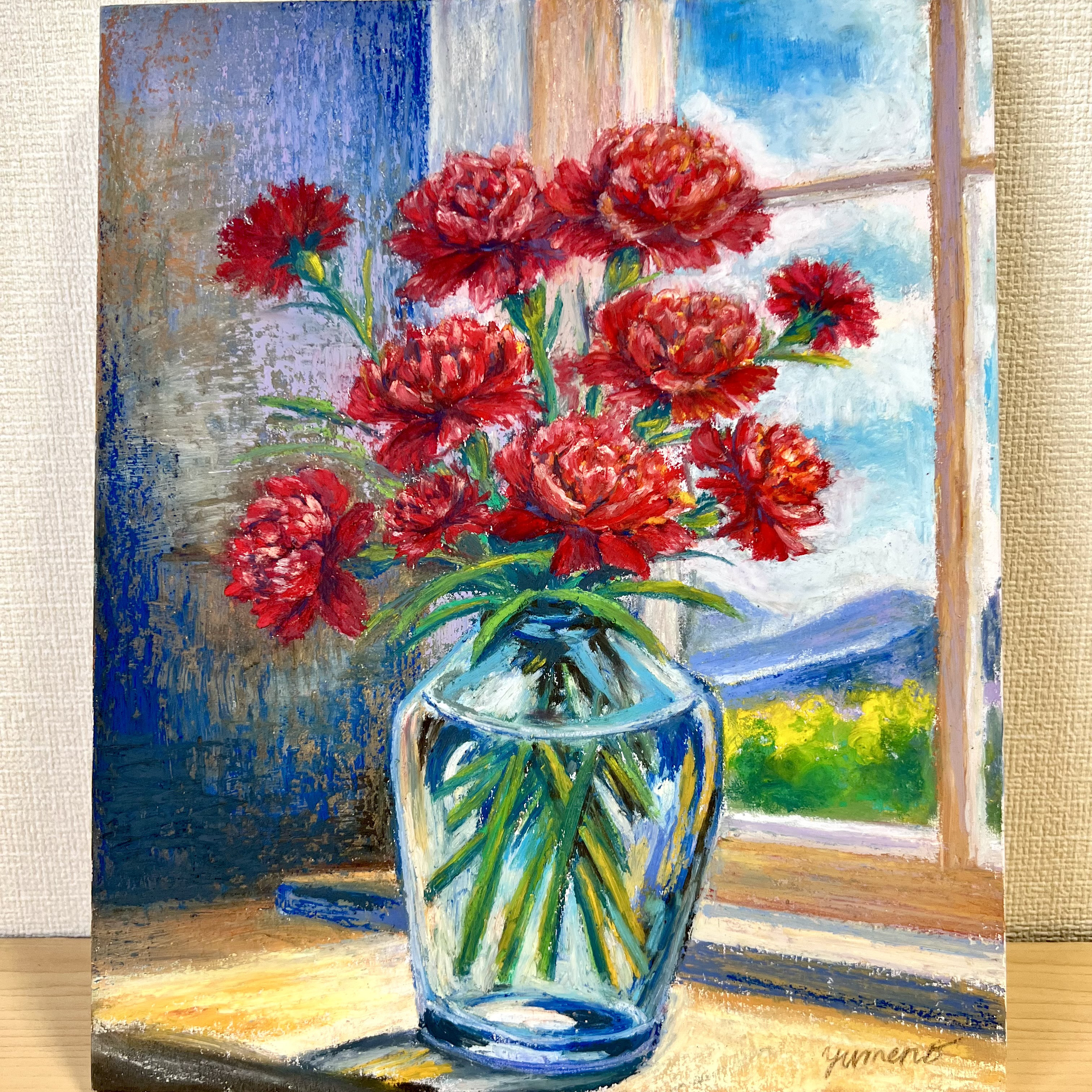 絵画 。壁掛け絵原画手描き【部屋の中で花瓶を片付ける少女とバレエを踊る黒猫】