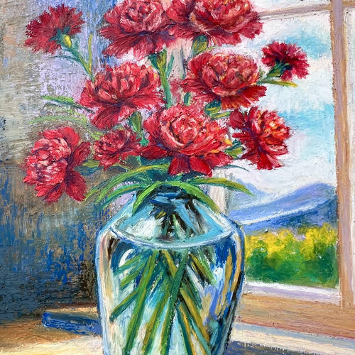 原画】窓辺に咲くカーネーション 風景画 静物画 花の絵 壁掛け