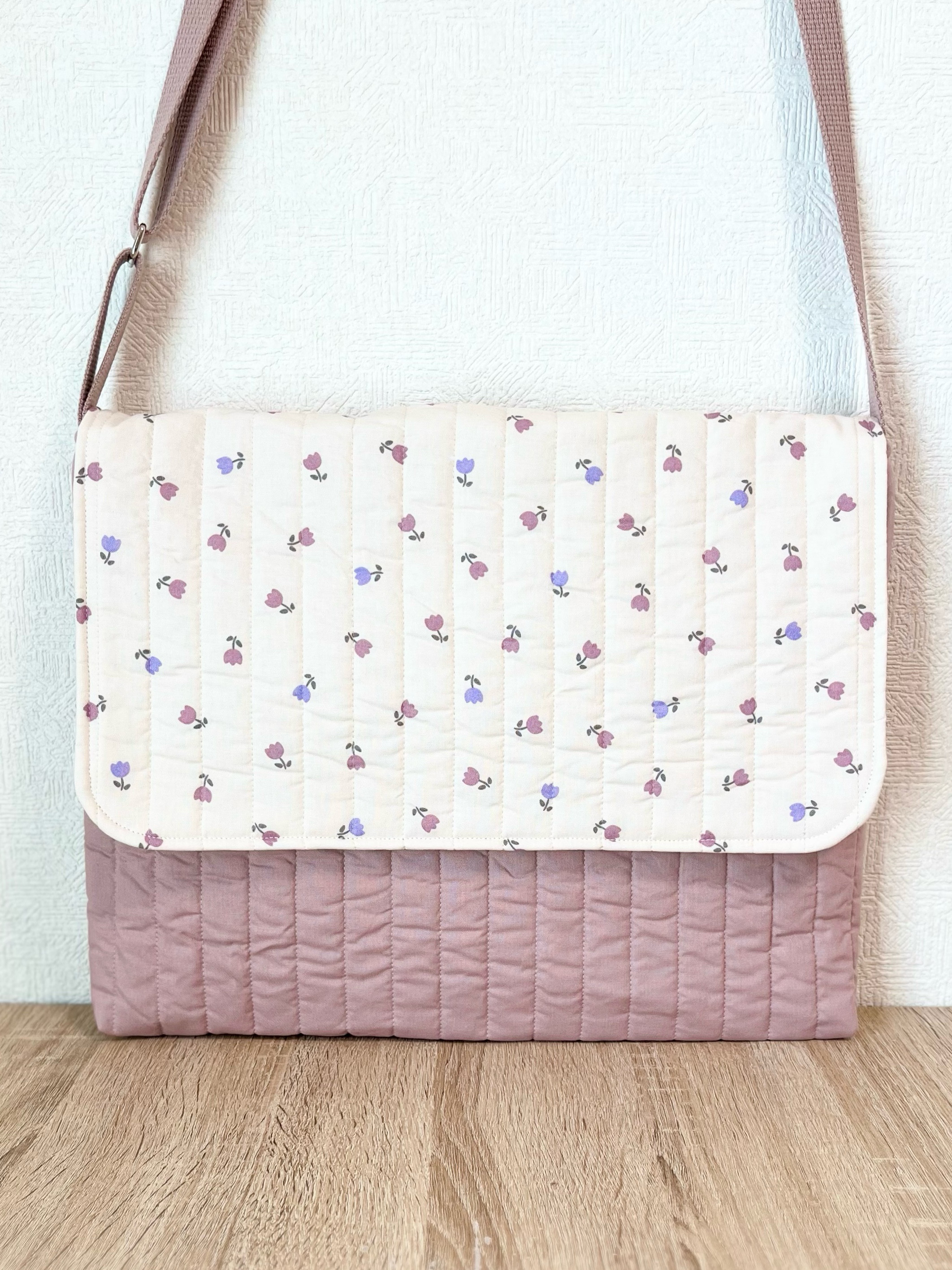 図書袋　ヌビ•ベージュリボン刺繍×ヌビ•アプリコット