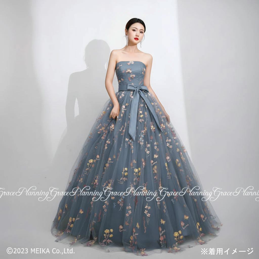 ウェディングドレス カラードレス サッシュリボン付 ブルーグレー パーティ 刺繍 cd32150bl