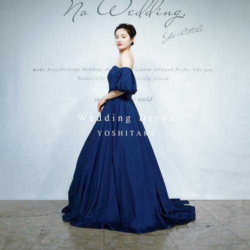 カラードレス　ブルードレス　ウェディング　パニエ付き ウエディングドレス.カラードレス.ブルー.デニム.Aライン.パニエ
