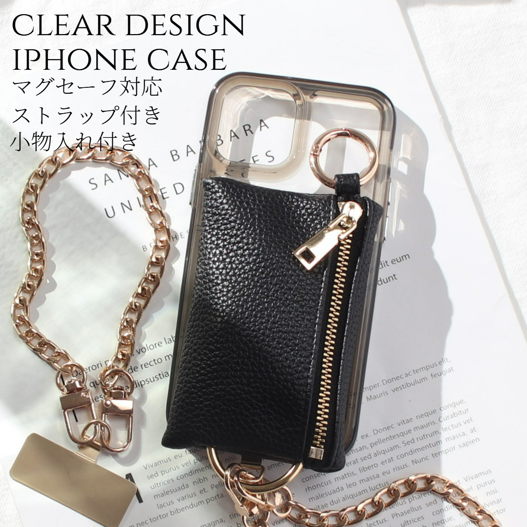 iPhone ケース クリア 小銭入れ 17 16 15 14 SE 13 チェーン ショート ストラップ マグセーフ