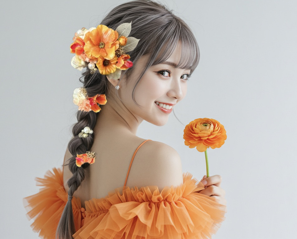 髪飾り 結婚式 成人式 オレンジ ラナンキュラス サマーウェディング ヘアアクセ