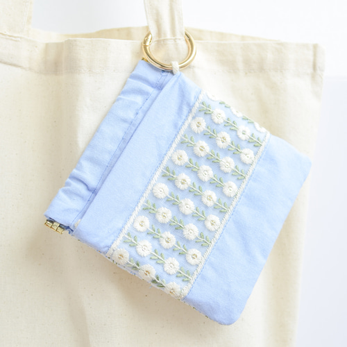 インド刺繍リボンのバネ口ポーチ ブルー ポケットティッシュケース付き